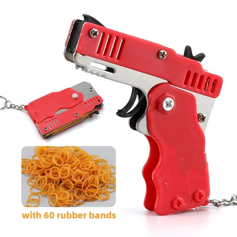 Metal Toy Gun Mini Burst Folding Rubber Band Gun Alloy Model Gun Pendant Outdoor Sports Toy Pistol Keychain for Boys Kids