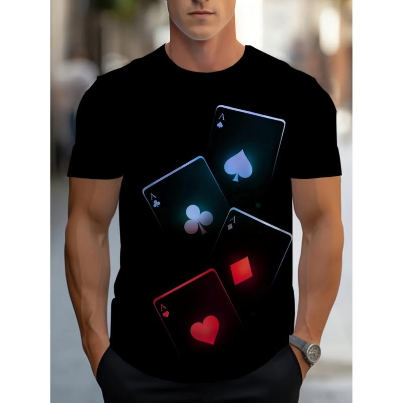 European sizes Men's Black T-Shirt With Four Aces Playing Cards Print Casual Wear For Everyday Use