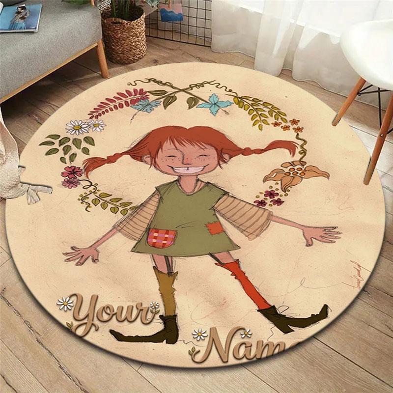 Pippi Longstocking Custom Name Round Area Rug,Carpet Rug for Living Room Bedroom Sofa Playroom Decor,Non-slip Floor Mat