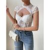 Top s kulatým výstřihem a květinovou krajkovou patchworkovou aplikací, sexy ocelový kroužek, rybí kostice, slim fit, krátký dámský korzetový top s odhaleným pupíkem