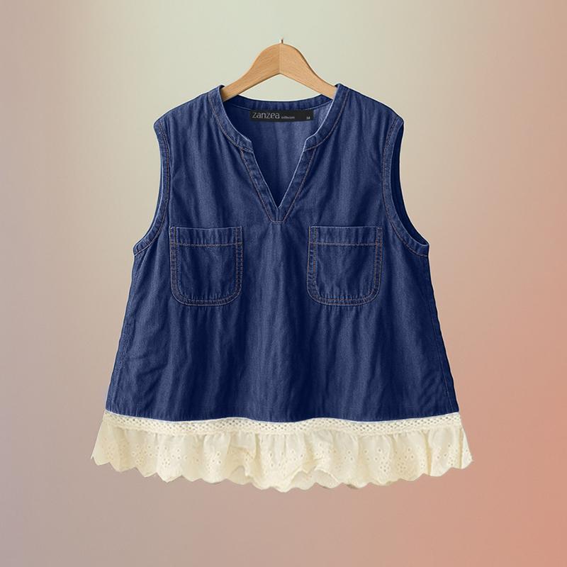 

ZANZEA Женские летние повседневные майки без рукавов с V-образным вырезом 5XL синий