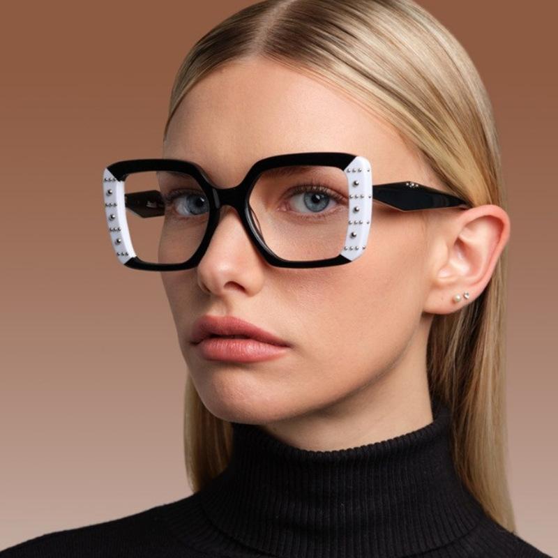 1pc Women's Color blocked Square Rivet Fashion Glasses Retro Cool Transparent Lens Holiday Street Back to School Accessories