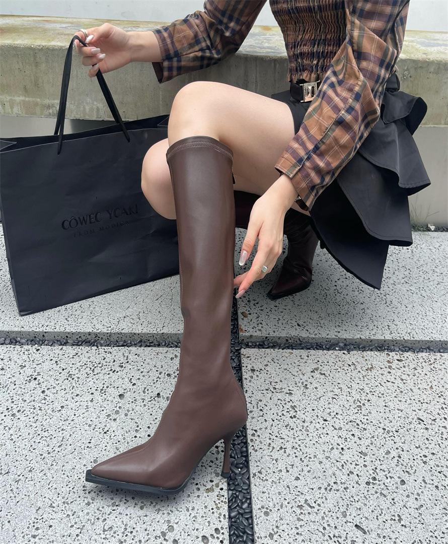 

So beautiful! Explosive thin pointed head high heel elastic thin long boots women s autumn and winter leg boots brown black adult 39 коричневий