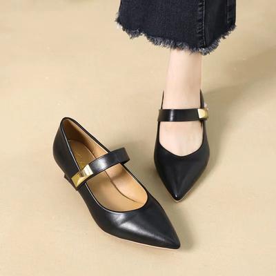 Temperament Women's Shoes Pointed Shallow Top Single Shoe Fashionable and Versatile Metal Decoration Fine Heel Women's Shoes