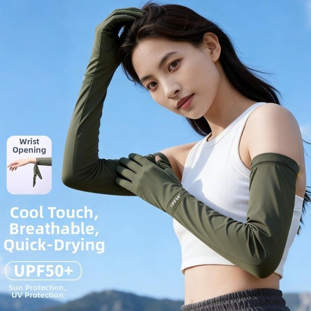 Fashion Solid Color Long Sleeve Sun Protection Non-slip Sunscreen Sleeve Gloves Elastic Cooling Ice Silk Arm Sleeve Women