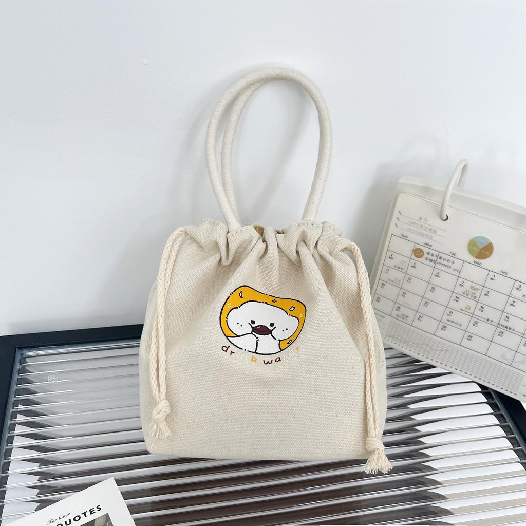Drawstring Canvas Bucket Bag for Women, Small Corduroy Tote Pouch, Portable Makeup Bag, Snack Purse, Daily Handheld Bag CLE