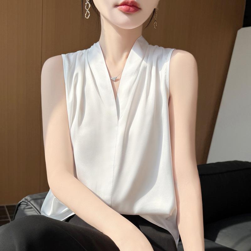 Silk satin vest suspender women's spring and summer new short loose V-neck solid color pullover sleeveless T-shirt top