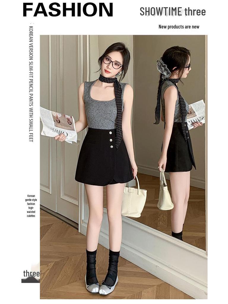 Women's High-Waisted Gray A-Line Skirt Shorts - Spring 2025 Casual Wide-Leg Design