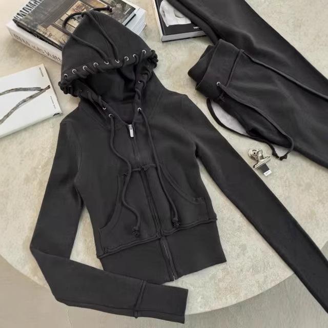 Y2K Hooded Sweatshirt and Slim Fit Pants Set - Streetwear Cropped Hoodie Tracksuit for Women, Trendy 2 Piece Outfit