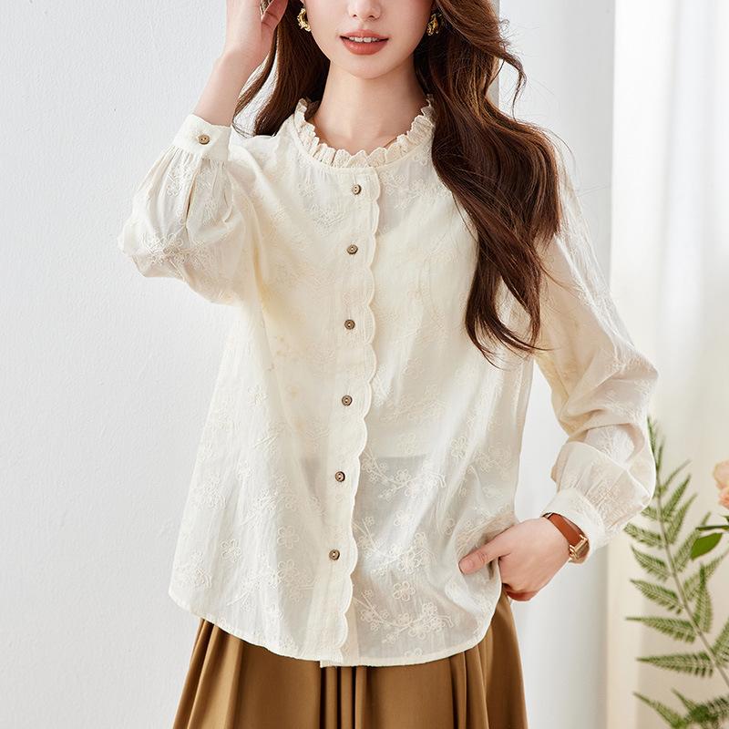 

Абрикосовая вышитая рубашка женская с длинным рукавом весенний топ с воротником-грибком из чистого хлопка женская рубашка M абрикосовый