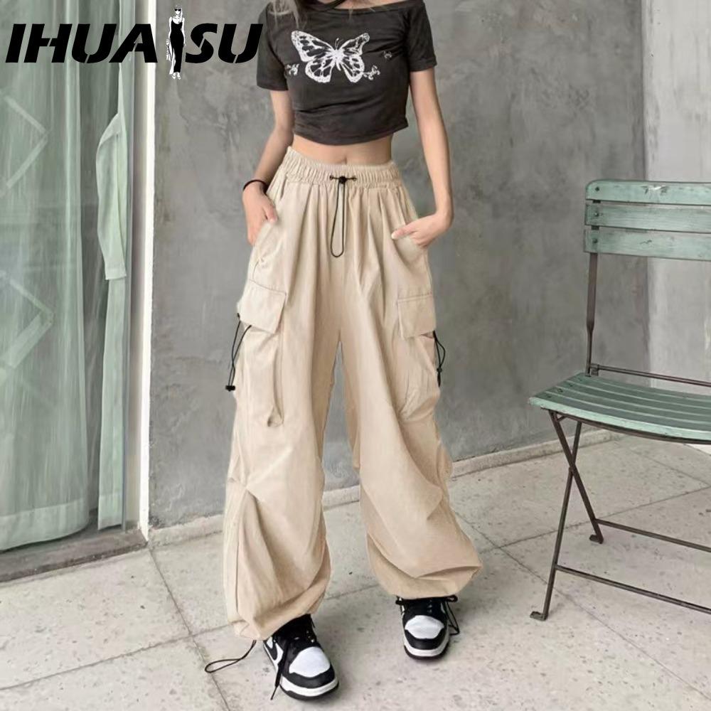 IHUASU Women Hip Hop Cargo Pants Baggy Solid Color Elastic Waist Trousers Loose Breathable Female Pants