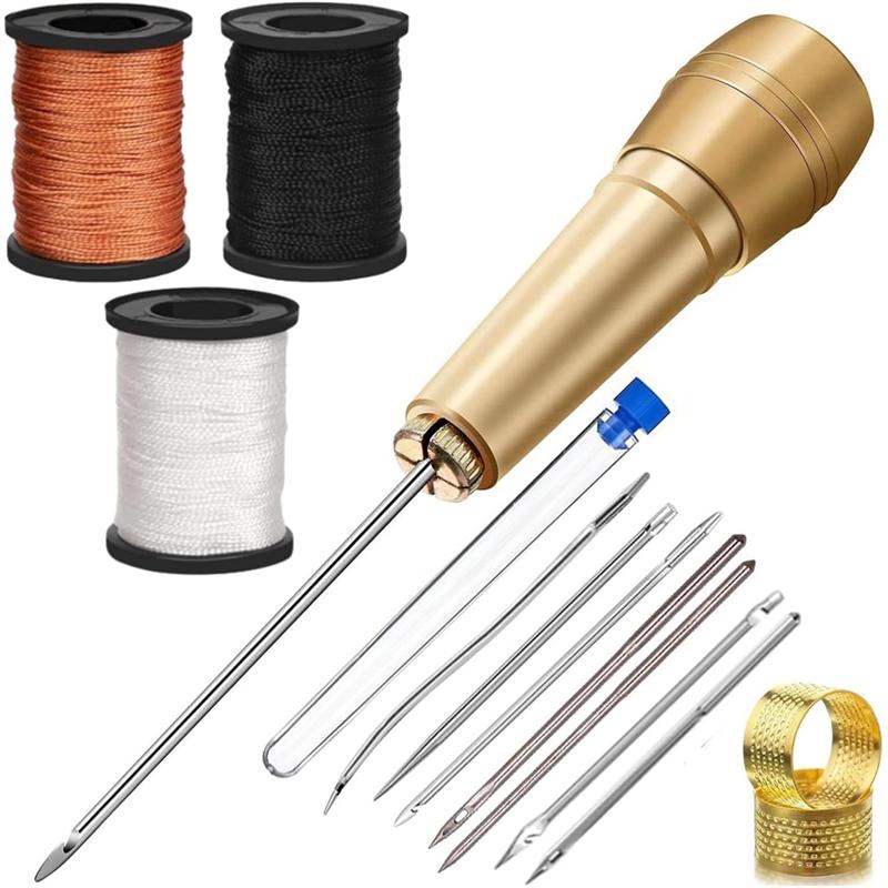 

HHO-Thimble 2PCS, Leather Sewing Awl Needle 7PCS With Copper Handle, 3 Rolls 50 M Nylon Cord Thread For Shoes Repair Kit