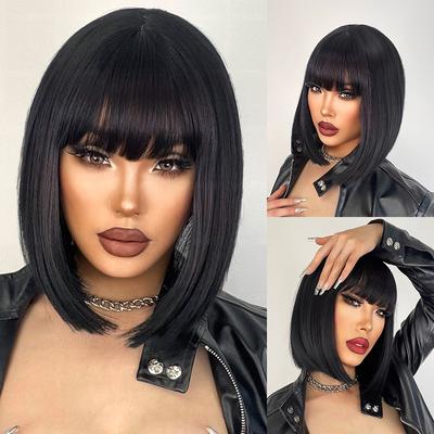 Perruques Bob synthétiques courtes et lisses noires pour femmes, perruques courtes et lisses avec frange, Cosplay Lolita