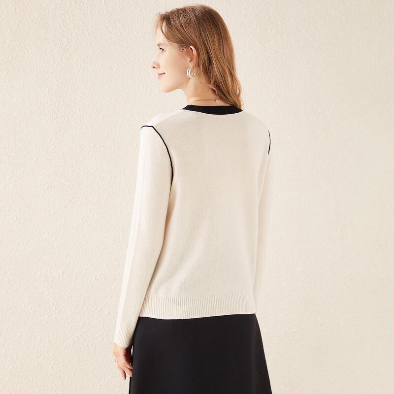 TUHUANG Women's Pure Wool Color Block Crew Neck Pullover Sweater