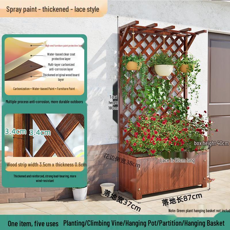 Carbonized Wooden Planter with Trellis: Outdoor Anticorrosive Flower Pot and Climbing Rack for Balcony or Garden.