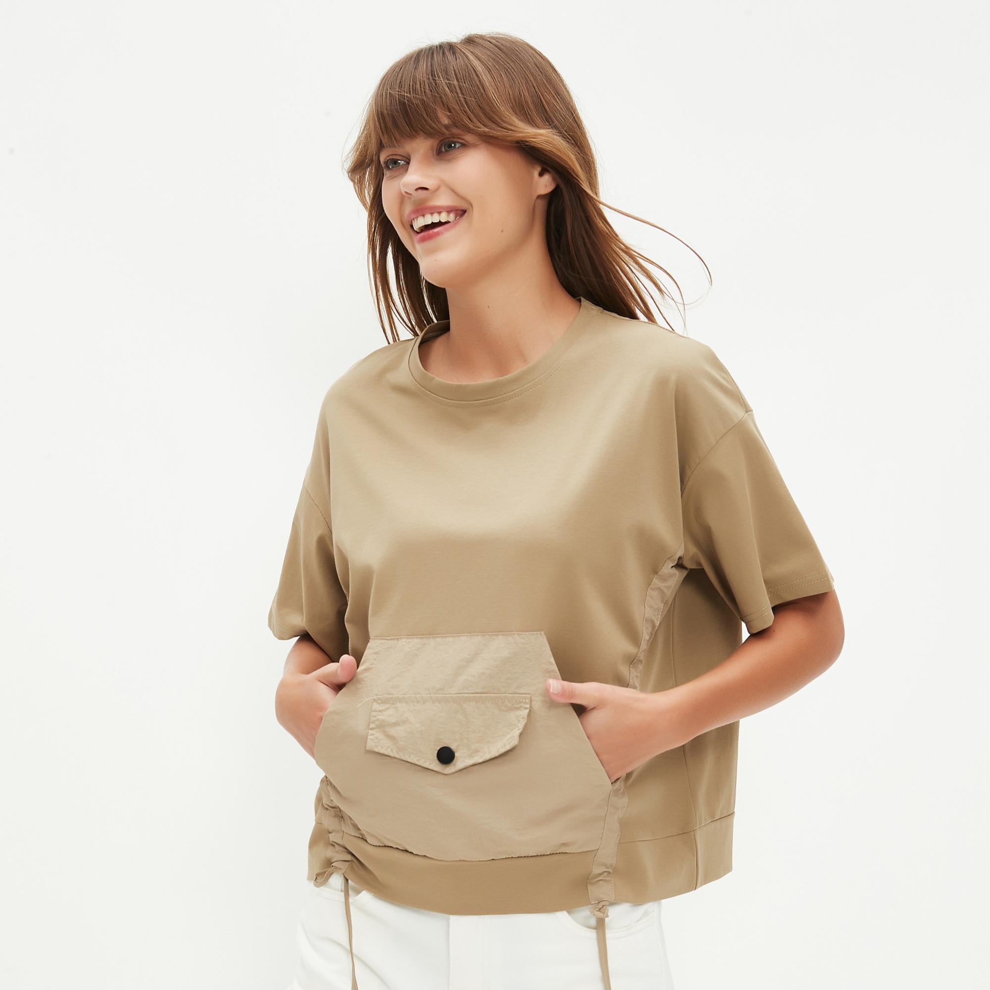 

DIMANAF 2025 Летняя футболка с карманами на пуговицах Женская с принтом Асимметричная с длинным рукавом Свободная белая черная