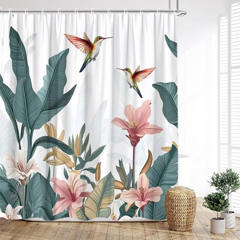 Tropical Hummingbirds Shower Curtains Green Gold Palm Monstera Leaves Flowers Bath Curtain Polyester Fabric Home Bathroom Decor
