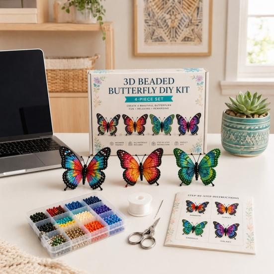 3D Beaded Butterfly Craft Kit, Tiny Beaded Animal DIY Handmade Art Set with Instruction, Cute 4-Pack Butterflies Beadwork Kit