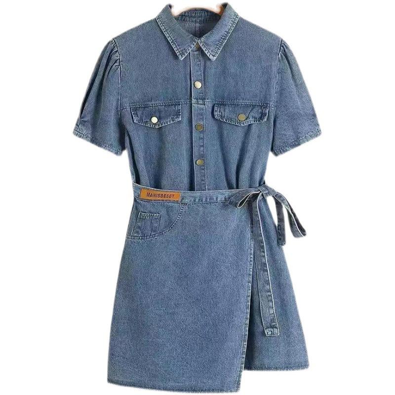 2026 Summer Slimming Short Sleeve Mid-Length Denim Dress: Stylish Cinched Waist Women s Fashion. Small синий