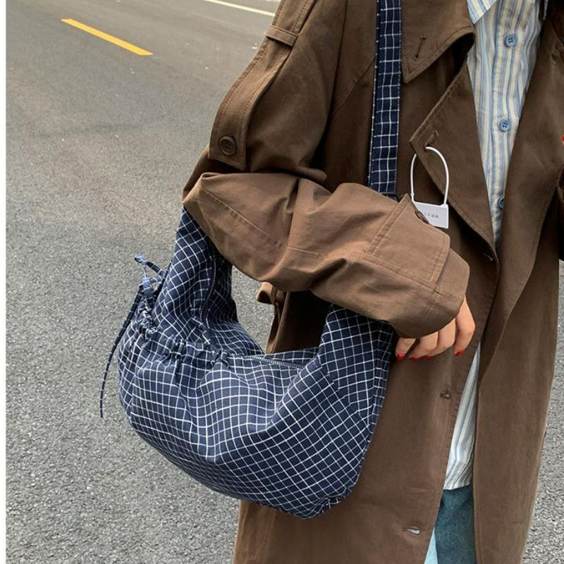 New Fashi Hobo Bag Winter Autumn Grid Drawstring Shoulder Bag High Quality Material Design Storage Crossbody Bag