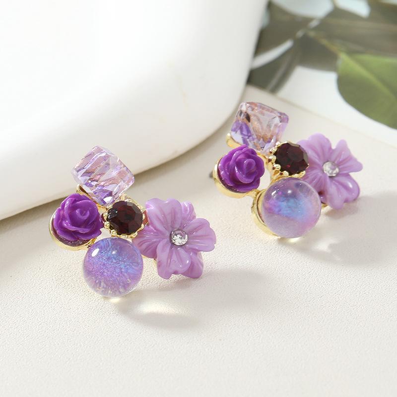 2024 Trendy Purple Flower Stud Earrings: Niche High-End Cold Tea Style