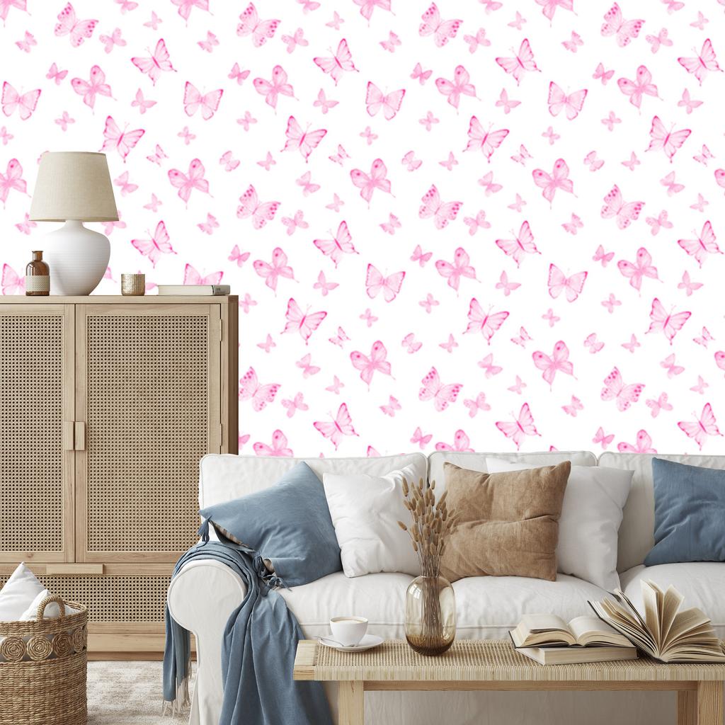 Butterflies wallpaper white and powder pink for living room and bedroom 50x1000