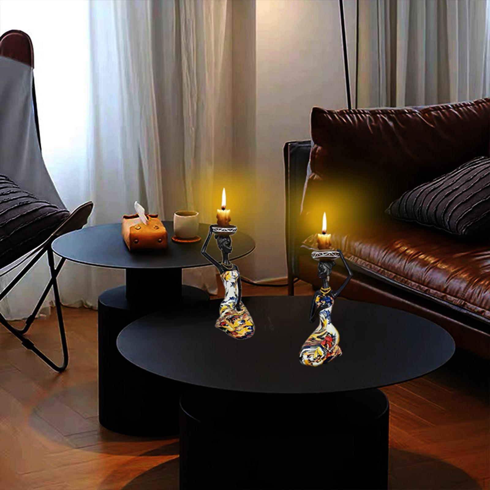 

2 Pieces African Candlestick Sculpture Statue Centerpieces Sitting Yellow