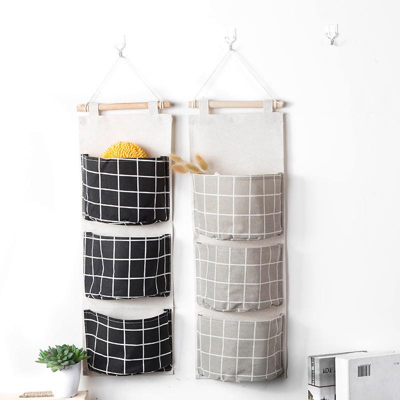 Linen Printed Cotton Waterproof Fabric Storage Three Pockets Organizer Home