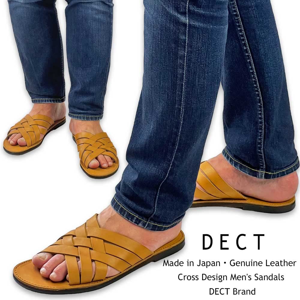 Made in Genuine Lightweight [Dect] Men's Sandals, Leather, Japan, Leather, Cowhide, (Camel, LL)