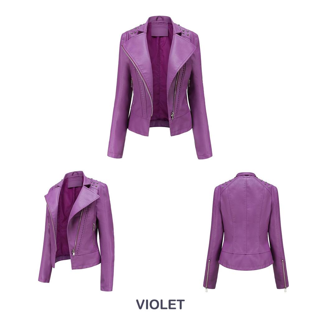 European Women's Beaded Leather Motorcycle Jacket - Long Sleeve, Lapel, Thin Fashion for Spring and Autumn 2023