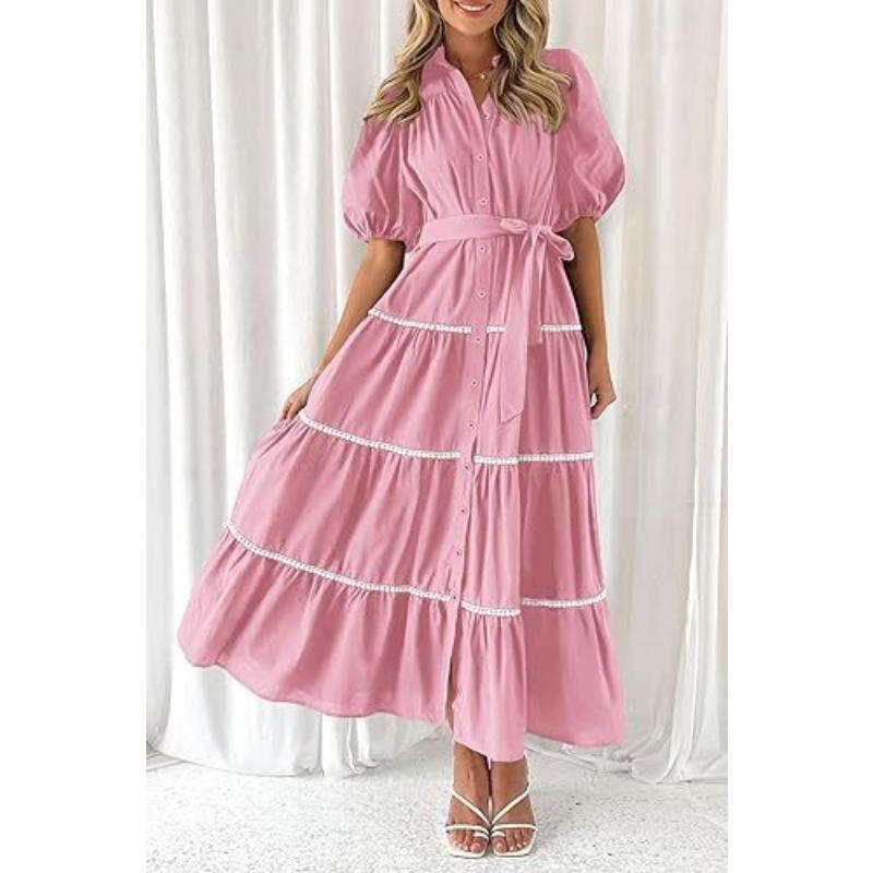 Elegantes Damen-Hemdkleid mit Rüschen in Übergröße, lockerer, plissierter Verband, Puffärmel, kurze Ärmel, Sommerkleid mit Knöpfen, modische Party-Prinzessinnenkleider 1078