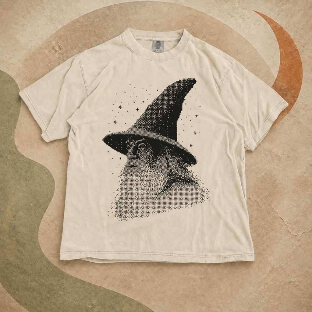 Wizard Graphic Shirt: Black Halftone Fantasy Portrait on Comfort Colors