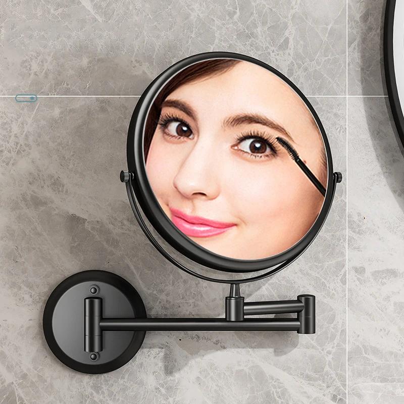 Folding Cosmetic Mirror Wall-mounted Punch-free Bathroom Accessories Telescopic Black Metal Magnifying Beauty Round Wall Mirror