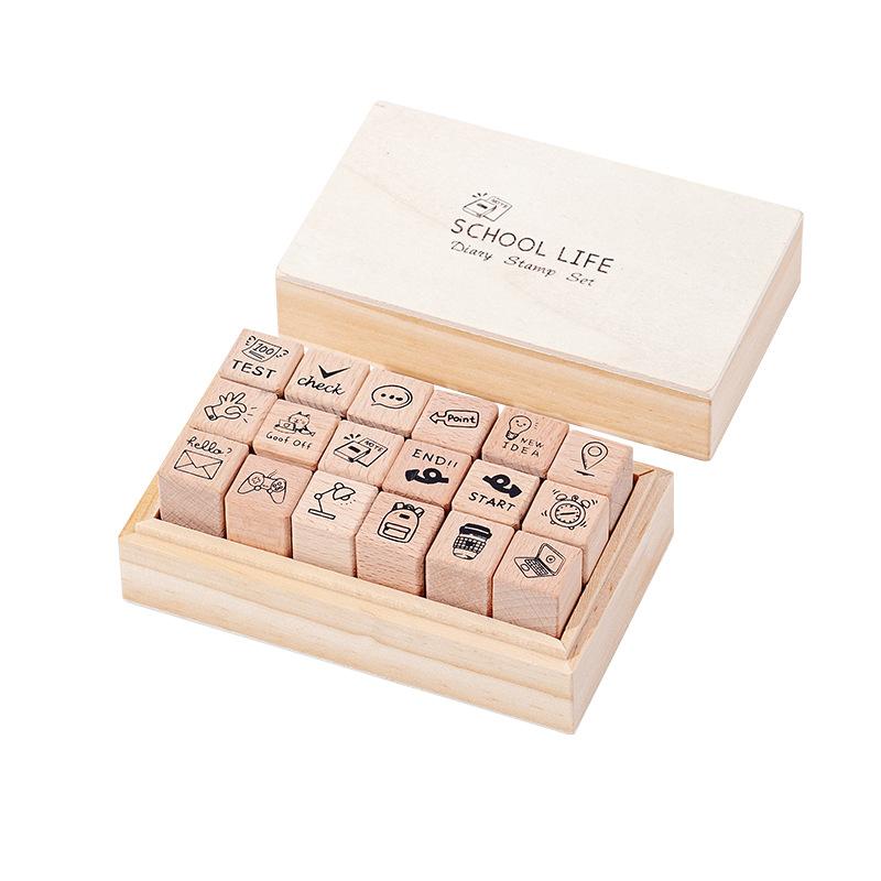 Exquisite Daily Life 18 Pieces Of Beech Wood Seal Set Diy Journal Decorative Materials Stamp Wooden Box Collage Stamp Gift