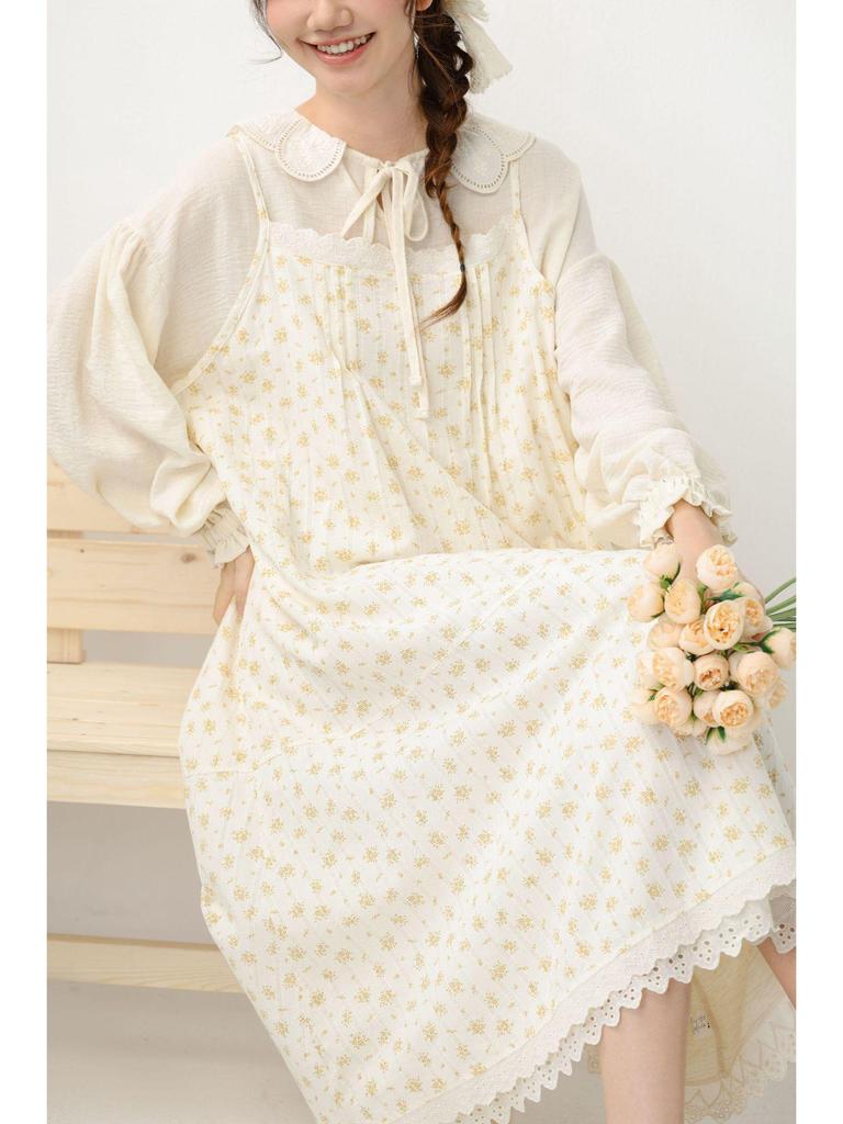 Spring/Summer 2026 Floral Print Spaghetti Strap Midi Dress - Sweet Mori Style with Lace Patchwork