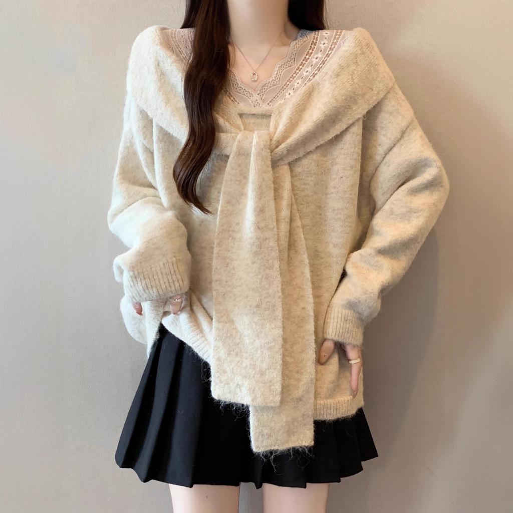 Lace shawl front shoulder knitted sweater women's early autumn loose fat mm fake two-piece top loose