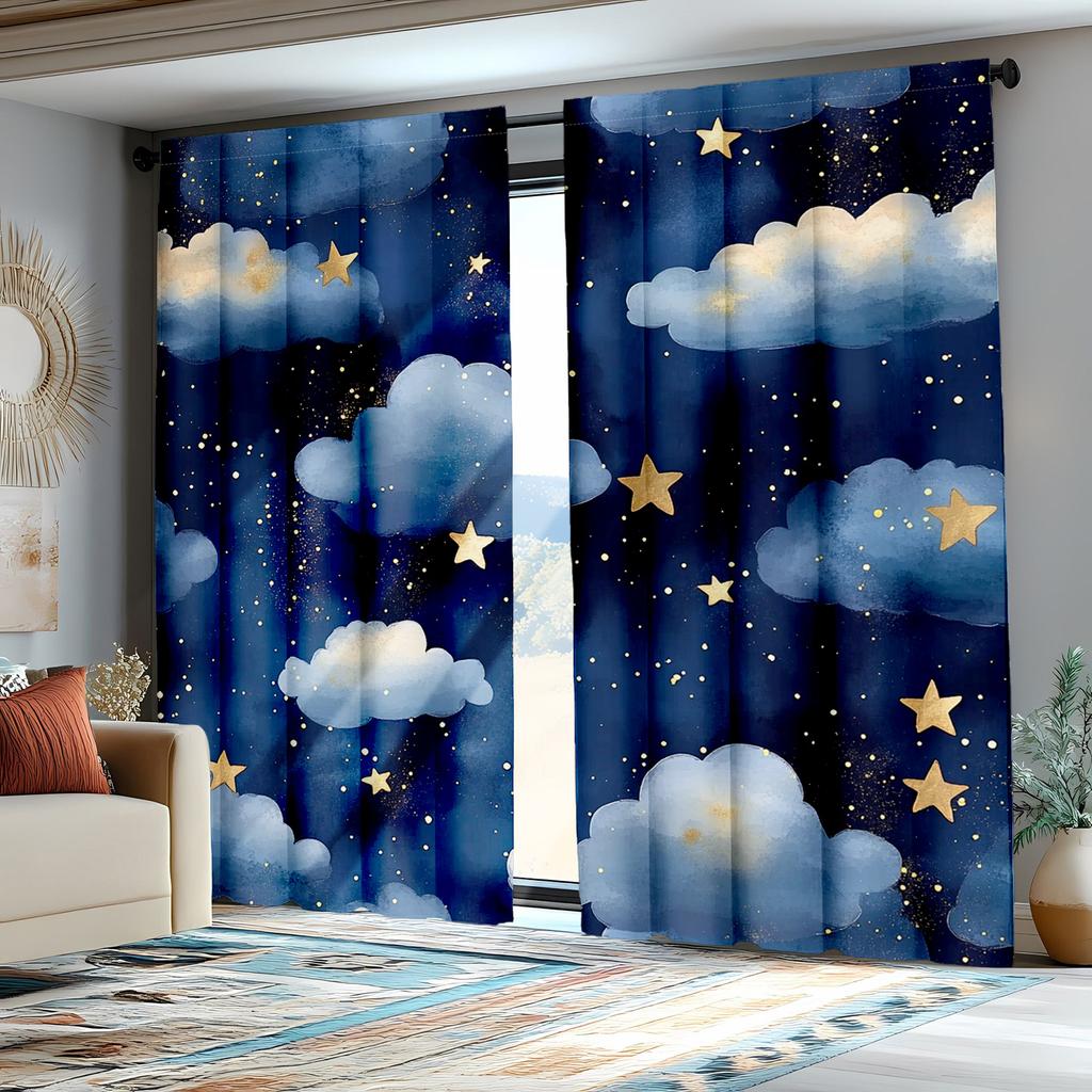 2pcs Classic Style Blackout Curtains   Dark Blue Watercolor Night Sky with Stars   Polyester Drapes for Kids Bedroom Bathroom