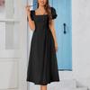 Four-sided Elastic Dress, European and American Sexy Backless Square Neck Short-sleeved A-word Medium and Long Pleated Dress