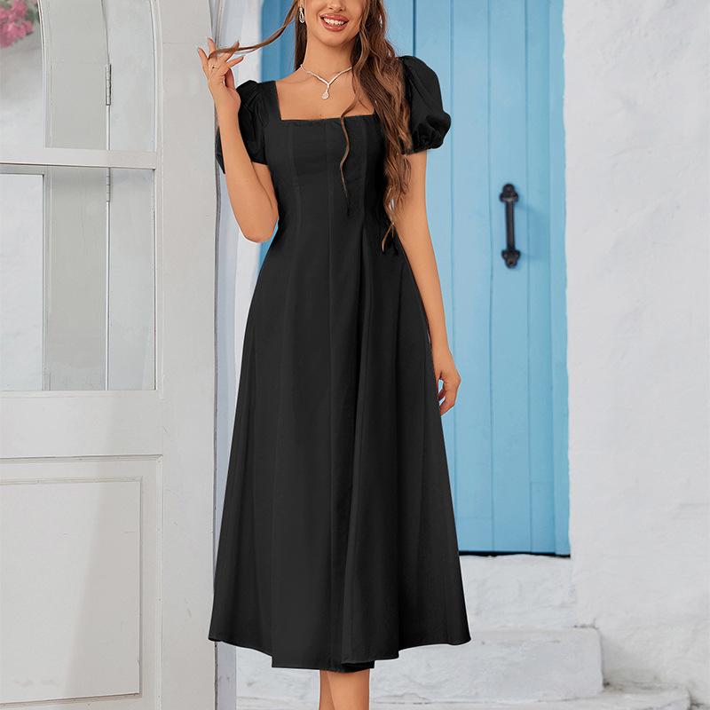 Four-sided Elastic Dress, European and American Sexy Backless Square Neck Short-sleeved A-word Medium and Long Pleated Dress