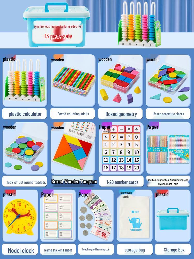 First Grade Math Teaching Aid Set with 3D Geometric Figures and Arithmetic Tools