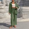 Women's Fashion Solid Color Long Sleeved Button Cardigan Top Elastic Waist Casual Pants Two-piece Set