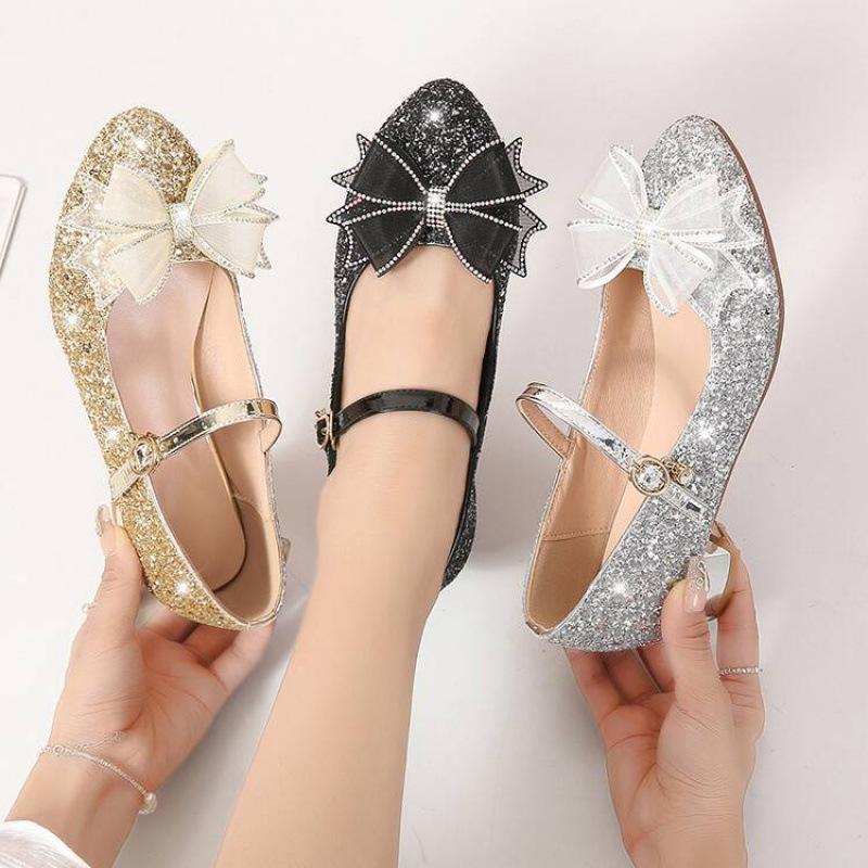 New Middle-aged Children's Soft Leather Princess Shoes Comfortable Sequins Buckle Girl Student Bow Show Catwalk Children's Single Shoes