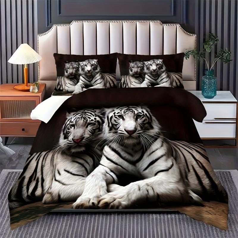 3Pcs Bedding Featuring A White Tiger Design - Duvet Cover With Blue-Eyed White Tiger And Two Pillowcases -For Bedroom Decor