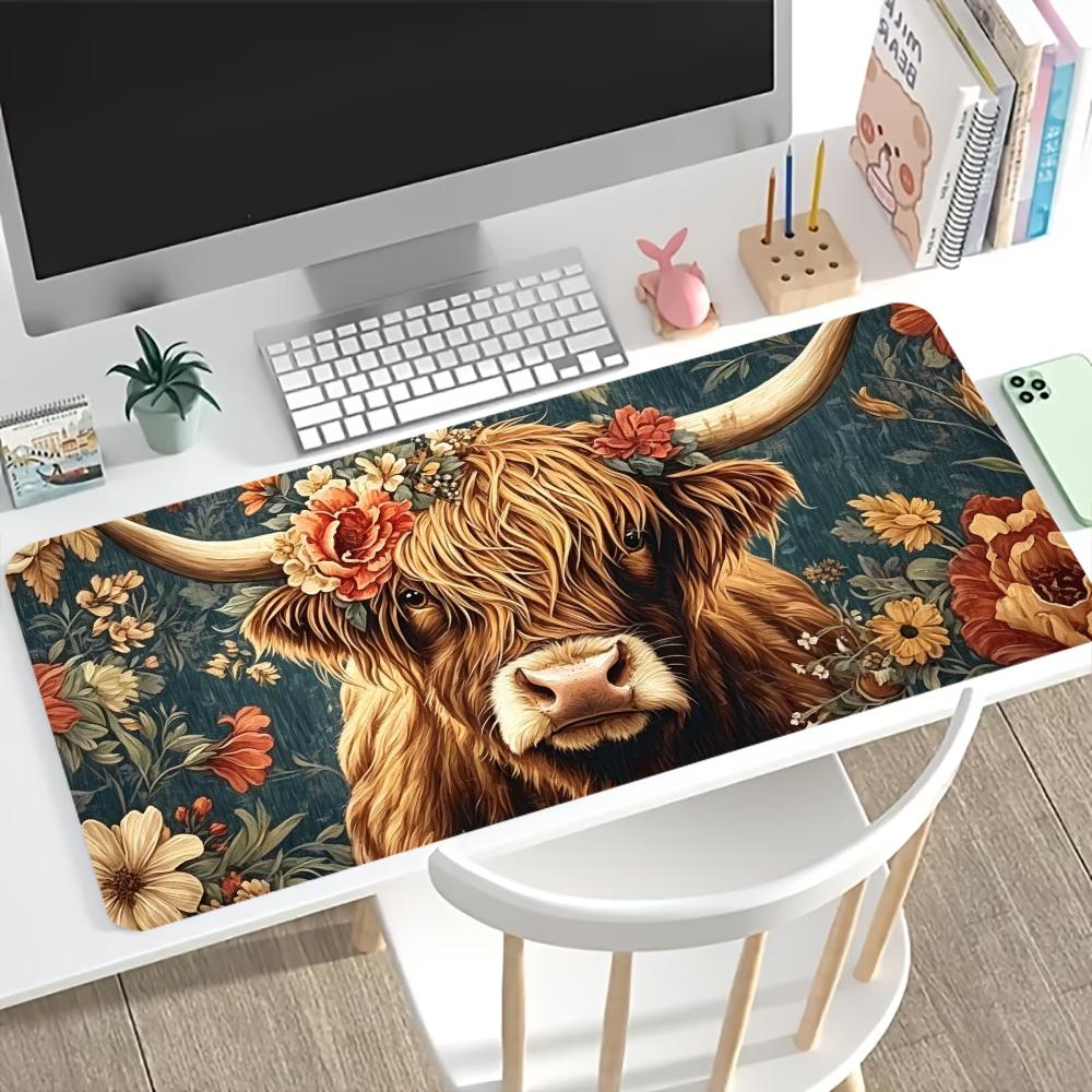 Vintage Highland Cow Floral Gaming Mouse Pad AntiSlip Rubber Desk Mat Stitched Edges For Pc Laptop Home Office Setup