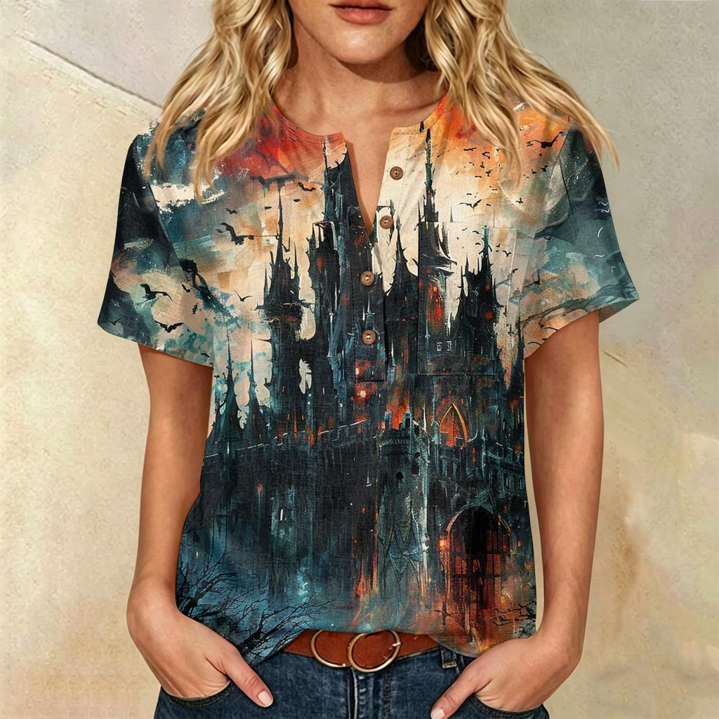 Women's Casual Short Sleeve Linen Cotton Blend Henley Shirt with Chest Pocket Halloween Themed Graphic Print