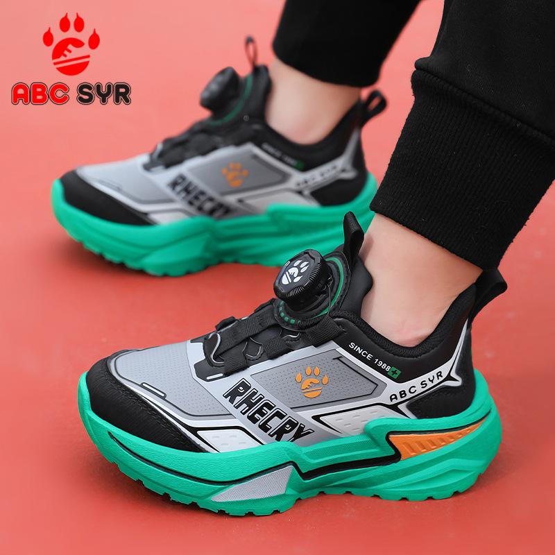 

Boys Autumn 2025 Leather Non-slip Lightweight Shock-absorbing Fashion Running Shoes 34 чёрный/зелёный