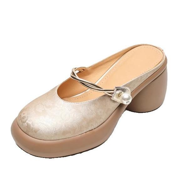 Guochao style bag head half slippers women's new summer 2025 wear cool slippers new Chinese thick heel high heels women