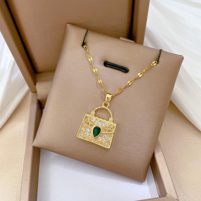 Full Diamond Green Bag Light Luxury Temperament Gorgeous Full Diamond Necklace Women'S Versatile Collarbone Chain Titanium Steel Chain