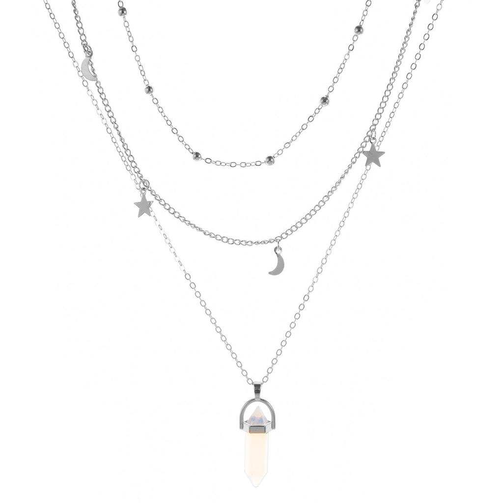 Korean Double Layer Beaded Necklace with Moon and Star Charm