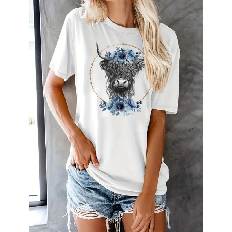 

Cow head print T-shirt, short-sleeved crew neck casual top S